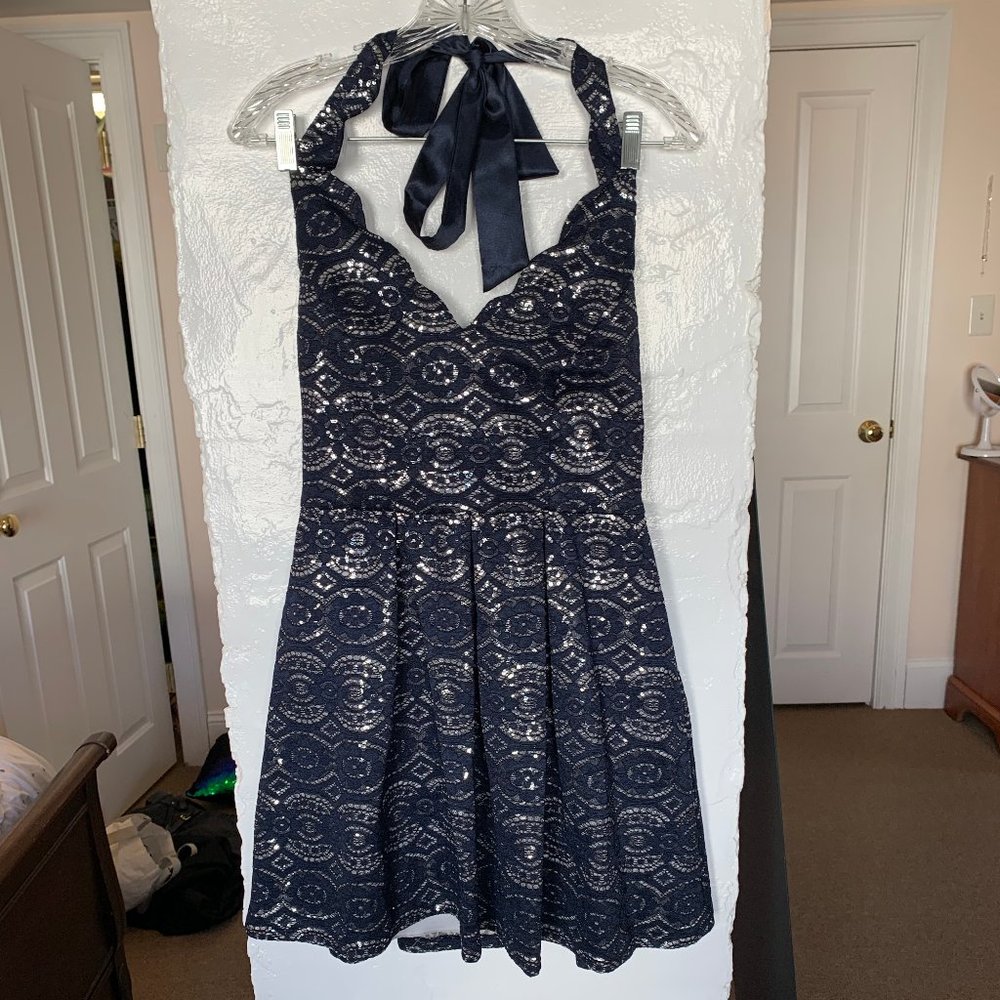 Navy Halter Dress with Silver Details Size 8